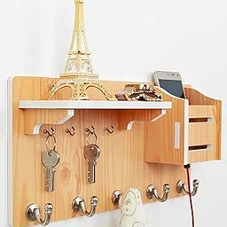 wolpin Wall Shelves Floating Display Rack Storage Organiser Key Holder Wood Look Racks (Pack of 1 with 4 Keys Hooks, 5 Cloth Hooks), Oak Wood Color-picture-19