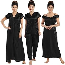 ledelav Women's Satin 4-Piece Nightwear Set, Red Nighty with Robe and Top Pyjama Set, Sleepwear-picture-20