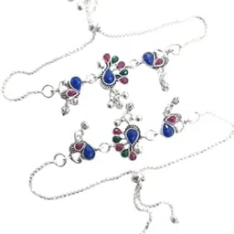 lovemi movements Peacock Design Anklet with Blue, Pink and Green Stones, Silver-Toned Chain, Traditional Indian Style-picture-20