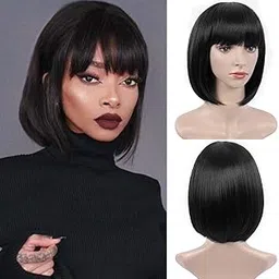 Foreign Holics Synthetic Short Bob Cut Hair Wigs for Women Straight Wig with Bang Extension for Girl Lady (Black, 12 Inch)-picture-21