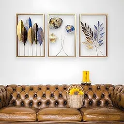 Brovion™ Metal Leaf Wall Decor Art for Living Room Set of 3 Metal Wall Hanging Decor for Bedroom Hall Office Hotel Home Modern Wall Art Decoration Items for Housewarming Gift and Interiors | Gold-picture-47