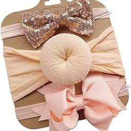 SYGA 3 Pcs Baby Headband Set, Soft Stretchable Nylon Hairbands with Glitter Bow and Knotted Design for Newborn, Infant, and Toddler-0-3 Years (Peach)-picture-26