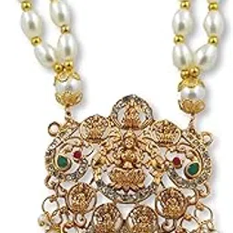 Traditional Lakshmi Pendant Set With Ruby,Emerald,Pink,Mint Monalisha Beads & Pearls Indian Ethnic Bridal | Goddess Ashtalakhmi Necklace | Double Layer | 22K Gold Plated-image-7