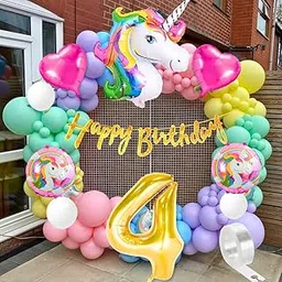Flyloons Unicorn theme 4th birthday decoration Kit for kids baby girl for 4 Year with Unicorn Foil Pink Heart Pink Purple Yellow Mint Orange Blue Pastel White Metallic Balloons Banner,58 pcs-image-4