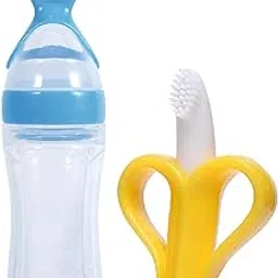 Roforuf Newborn Baby Banana Teether & Baby Spoon Bottle Combo Soft, Safe & BPA-Free Perfect Feeding Set Silicone Squeeze Feeding Spoon for Infants & Toddlers Easy to Hold & Chew Ideal Baby Shower Gift (pack-2) (Blue)-image-15