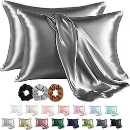 CRAFTELIO Satin Pillowcase Set of 2 with Silk Bonnet for Curly Hair + 3 Satin Scrunchies | Silk Hair Cap for Sleeping | Satin Pillow Covers for Skin & Hair | Gift Combo for Women (Gray)-picture-39