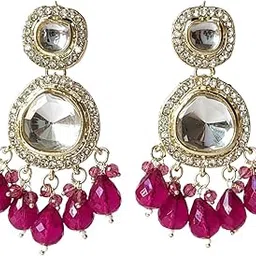 ornafash Traditional Artificial Kundan Drop Earrings | Gold-Plated Crystal Studded Earrings with Beads | Ethnic Indian Jewellery for Women & Girls-picture-18