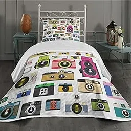 Ambesonne Vintage Coverlet, Vintage Old Fashioned Photo Cameras Hobby Studio Themed Graphic Design, 2 Piece Decorative Quilted Bedspread Set with 1 Pillow Sham, Twin Size, Blue Grey-image-30