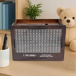Wooden Money Saving Box with Rs. 100,000 Capacity, Savings Tracker Design, Decorative Piggy Bank for Coins and Currency, Brown image 1
