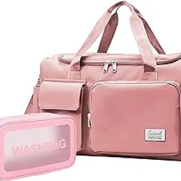 suruid Sports Gym Duffel Bag with Shoes Compartment and Dry Wet Separated Pocket for Men and Women, Overnight Weekender Training Handbag Yoga Bag, Pink Gym Bag&toiletry Bag-picture-16