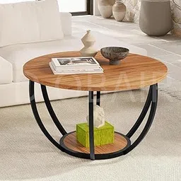 D Obair Modern Round Coffee Table with Curved Metal Base, Veneer Wood Top and Storage Shelf, Contemporary Living Room Furniture in Acacia and Black-image-34
