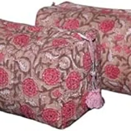 Jaipur Textiles, Hand Block Printed Cotton wash Bags, Toiletry Bags, Cosmetic Pouches, Makeup Kit, Travel Pouches, Vanity Bags | Qty - Set of 2PCS, (Dusky Brown)-picture-35
