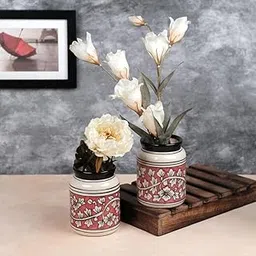 VarEesha Hand-Made Hand Painted Red Floral Jar Shaped Ceramic Vases Set of 2| Pampas Grass Vase| Ceramic Vase| Cylindrical Flower Vase| Home Decor Centrepiece| Ceramic Flower Pot (5 Inch)-picture-58