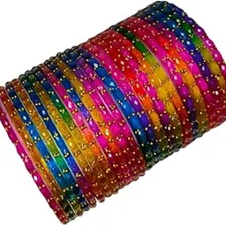 Glass Bangles Set for Women, Pink with Gold Pattern, Traditional Indian Style,-picture-28