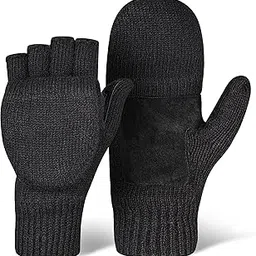 outdooressentials Fingerless Winter Gloves Convertible Wool Mittens for Men & Women - Warm Thermal Knit Flip Top Snow Glove for Cold Weather (Black, Large)-picture-36