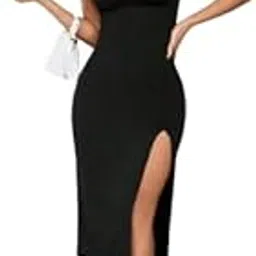 jinjin fashion Women's Black Bodycon Midi Dress with Side Slit, Spaghetti Straps, Cocktail Party Dress-picture-37