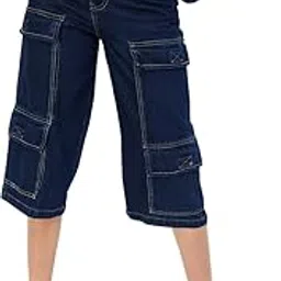 max Women Solid Denim Capris with Cargo Pockets, Dark Blue, 32 image 1