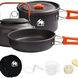 BISONBERG 9 Pcs Camping Cookware Set, Mess Kit, Camping Accessories for Outdoor, Camping Utensils with Carry Bag, Camping Bowl Pot Pan Set - Nonstick Aluminum - for 3 People-image-10