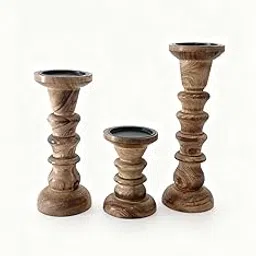 Wooden Pillar Candle Stand Set of 3 – Handcrafted Mango Wood Rustic Candle Holders for Home Décor, Dining Table Centerpiece & Wedding Decoration – Sizes 30×10cm,25 * 10 cm &15×10cm image 1
