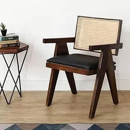 X went Furniture Sheesham Wood Arm Chair with Cushion and Cane Back Support Chair Living Room Bedroom Home Wooden Armchair Furniture Garden Balcony Outdoor & Indoor (Black seat)-image-4