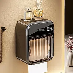 House of Quirk Punch-Free Paper Holder Wall-Mounted Toilet Toilet Paper Box Tissue Box Hand Carton Storage Rack Paper Extraction Box Light Luxury (Black)-picture-20