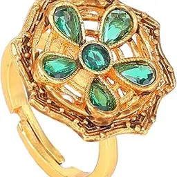 Fashion Jewellery Finger Rings for Women Gold Plated Vintage Floral Designer Green Crystals Enhanced Matte Finish Adjustable Finger Ring for Girls and Women-AD-152-IGGN RING-image-23