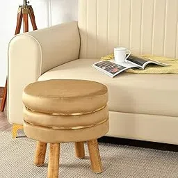 Ereteken ART Ottoman Round Small Foot Rest Stool for Living Room Office, Small Foot Stools Round Wooden Legs Ottoman-Beige-picture-28