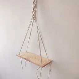 Generic Macrame Wall Hanging (Pack of 2) Wooden Shelf Decor for Plants, VAZ, Favorite Small Photo/Quotes Frames in Living Room, Bedroom, Balcony, Pine Wooden Plank, Cotton Cord-picture-16