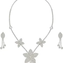 Crystal Floral Statement Necklace Set with Dangling Pendants, Silver-Toned-picture-48