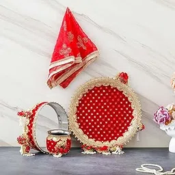 eCraftIndia Red and Golden Floral Decorative Handcrafted Stainless Steel Karwa Chauth Pooja Thali Set with Plate, Chalni, Lota & Chunri - Karva Chauth Puja Thali-picture-35