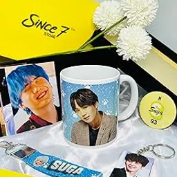 SINCE 7 STORE BTS SUGA (Min Yoon-gi) Gift box for BTS Fans, INCLUDES 5 products: Pack of 18 Lomocards,1 Mug, 1 Keychain, 1 Keychain Lanyard & 1 badge/Perfect for Gifting-image-0