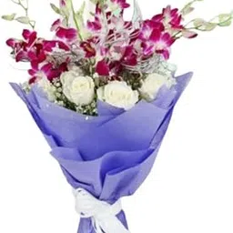 Floralbay Valentine's Day Special Fresh Flowers Bunch of 6 Purple Orchids and 12 White Roses in Paper Packing (Bunch of 18)-picture-18
