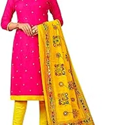 mahisa Women's Cotton dress material, Pink Embroidered Kurta with Yellow Dupatta and Churidar, Traditional Indian Ethnic Wear-picture-48