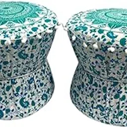 MUDA Craft Bohemian Cotton Muda Cover Pouf Ottoman Green & Blue Round Footrest Pouffe with Mandala & Floral Print Mudda Set of 2 Pieces Cover ONLY-picture-10
