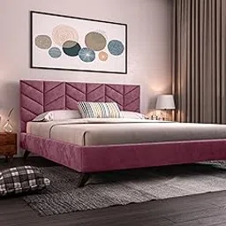 Acacia Modern Upholstered Queen Size Bed for Bedroom | Wooden Double Bed | Platform Cot Bed with Upholstery Premium Fabric | 6.5 x 5 Ft | Sheesham Solid Wood (Brown, Flamingo)-image-18