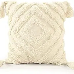 SASHAA WORLD Tasselled and Tufted Cushion Cover | Decorative Throw Pillow for Sofa or Bed | Boho Style Diamond Pattern, Cotton with Zipper Closure for Home Décor | 16x16 inches, Ivory-image-8