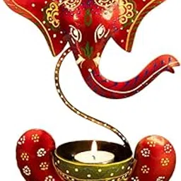 Hand-Painted Red Metal Ganesh Idol Tealight Candle Holder - 10 x 15 x 28 cm Iron, Lightweight, Decorative Home Décor.-picture-25