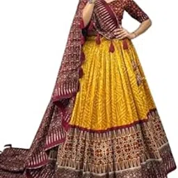 Women's Tussar Silk Lehenga Choli Patola Print with Foil Work With Blouse Solid-picture-30