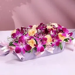 FlowerAura Premium Fresh Live Flower Bouquet of 8 Peach Roses & 5 Purple Flowers For Birthday & Anniversary Gift, Mother's Day Gift, Love & Romance Gift, Father's Day Gift (Same Day Delivery)-picture-11
