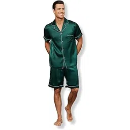 maisha creation Mens's Satin Loungewear Shorts Set | Short and Shirt | Nightwear Set | - Gable Green, XL-picture-44