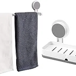 iSTAR ABS Plastic and Stainless Steel Wall Mounted Towel Holder with Double Soap Dish | No Drill Bathroom Accessories | Self Adhesive Towel Rod and Soap Stand for Home, Hotel, Kitchen, Washroom(White)-picture-17