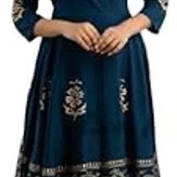 lee moda Designer Anarkali Dress, Navy Blue with Gold Floral Print, 3/4 Sleeves, Ankle Length-picture-11
