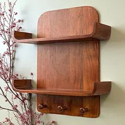 DESERT WOOD ARTS Wooden Wall Mounted Shelf with Hooks Brown Floating Rack for Kitchen Living Room Entryway & Bathroom Rustic Wooden Storage Organizer & Decorative Wall Rack-image-1