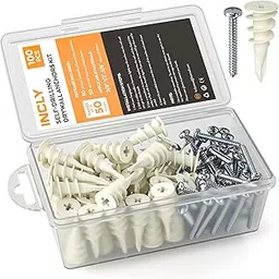 INCLY 100 PCS #8 Drywall Anchors Kit Self Drillingï¼Å’50 Plastic Dry Wall Anchors and 50 Philips Screws Assortment for Hanging and Mounting with Case, Self Drilling Sheetrock Anchors-picture-23
