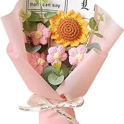 Crochet Sunflower, Crochet Flowers Bouquet, Crochet Flower Lovely Color Crochet Flowers Bouquet Gift for Girls Home Decor for Mother Assortment of Small Sunflower with Light Pink Wrapping Paper-image-29