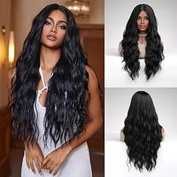 7CATS Long Wavy Black Wig for Women Full Head Natural Synthetic Hair Heat Resistant Wigs (28 Inch)-image-17