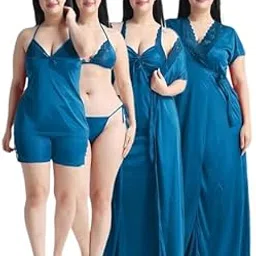 Solid Satin 6 Piece Nightwear Set for Women | Includes Robe, Nighty, Top, Shorts & Lingerie Set | Luxurious Satin Sleepwear | Comfy & Stylish Women Night Dress. Blue-picture-33