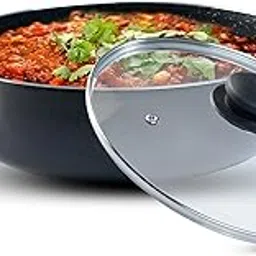 AGARO Elegant Non Stick Kadai with Glass Lid, 3.5L Capacity, 26 cm Diameter, Induction & Gas Oven Friendly, 3mm Thick, Riveted Cool Touch Handle,Granite Finish,PFOA, Cooking, Frying, cookware, Black image 1