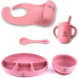 ZoZoBaa Silicone Feeding Set Including Baby Bib,Long Spoon, Straw Training Cup, Suction Base Oval Plate & Bowl for Toddler |Solid Cutlery Set | Easy Wipe Clean| Baby Weaning Sets (5 Pc), [Dark Red]-picture-27