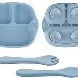 TONY STARK Newborn Essentials Baby Feeding Set, Suction Plate Set for Toddlers, Babies, Kids Plates for Food with Spoon Fork, Silicone Set (Blue)-image-46